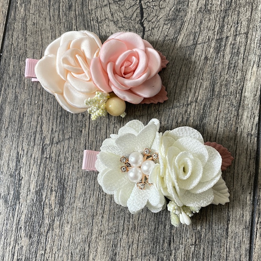 Blush pink & white flower girl hair clips